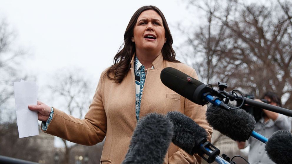 PHOTO: White House press secretary Sarah Sanders talks with reporters outside the White House in Washington, Feb. 15, 2019.