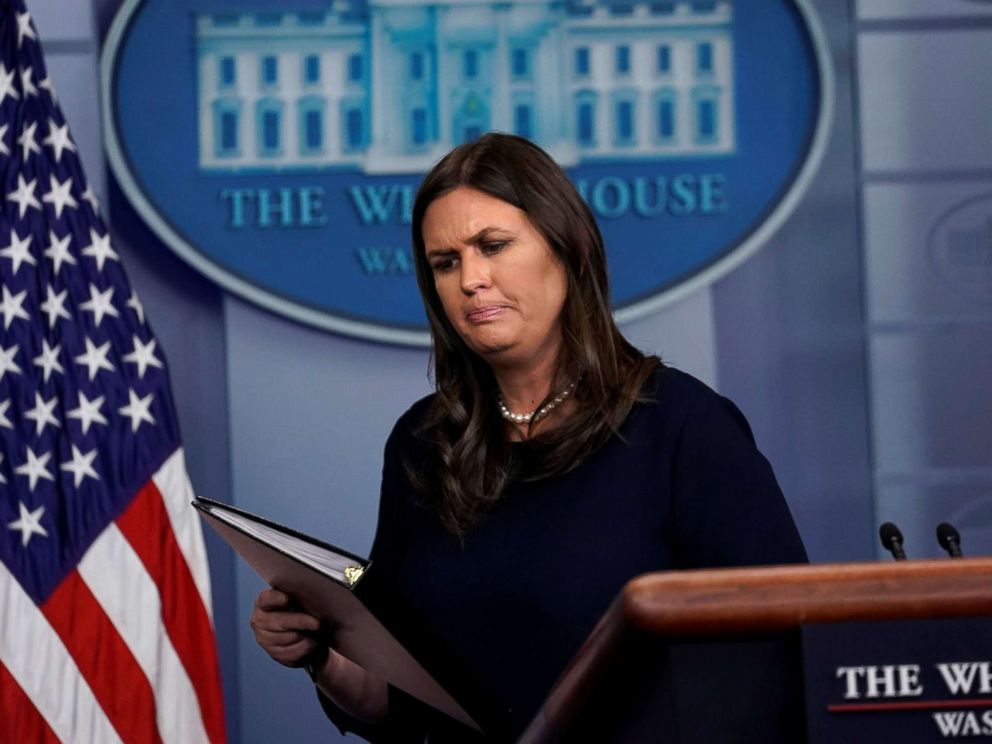 PHOTO: White House Press Secretary Sarah Sanders holds the daily briefing at the White House in Washington, April 13, 2018.