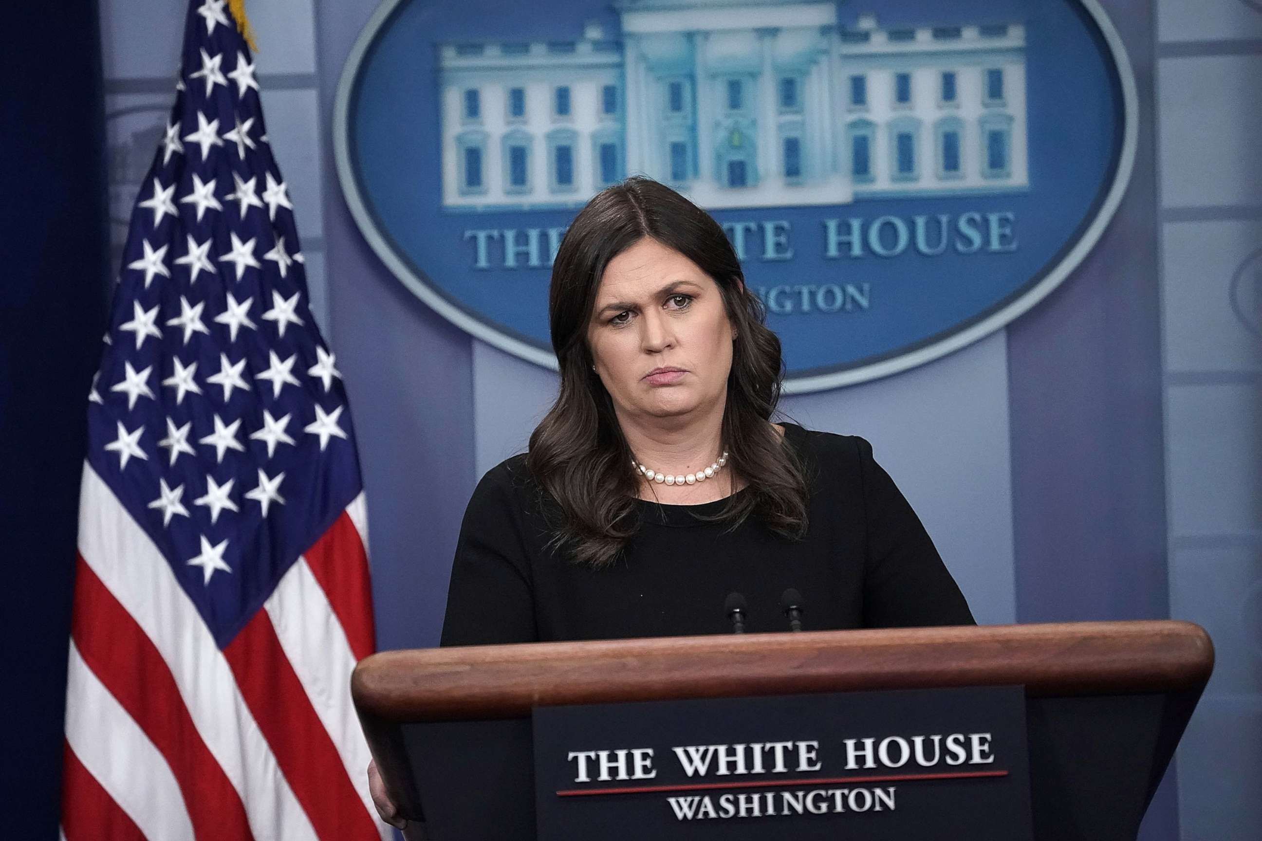 PHOTO: White House Press Secretary Sarah Huckabee Sanders addresses reporters during a daily news briefing at the James Brady Press Briefing Room of the White House June 14, 2018 in Washington.