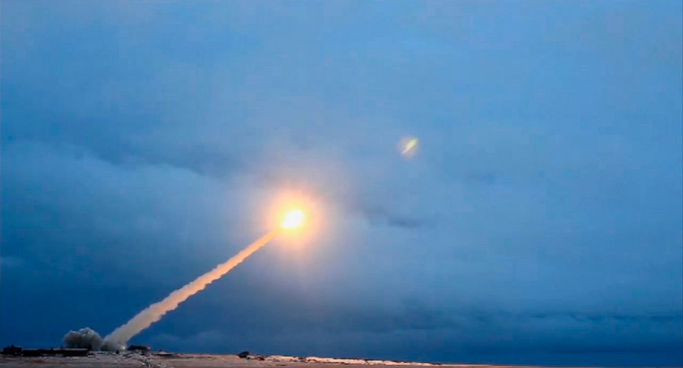   PHOTO: A photo taken from the images provided by the official website of the Russian President kremlin.ru shows the launch of a nuclear-powered cruise missile during the speech of Russian President Vladimir Putin in front of the USSR. Federal Assembly in Moscow on March 1, 2018. 