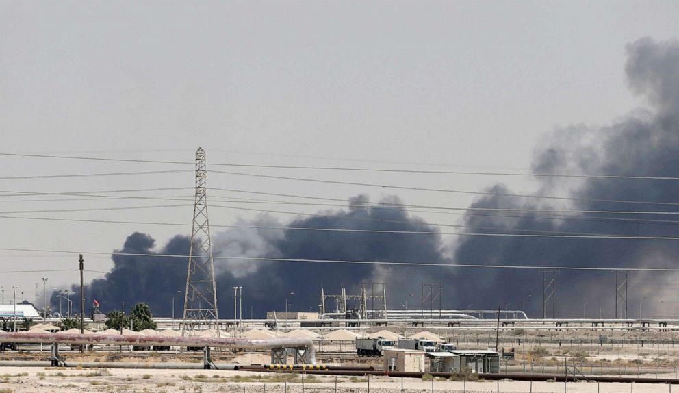 PHOTO: Smoke is seen following a fire at Aramco facility in the eastern city of Abqaiq, Saudi Arabia, Sept. 14, 2019.