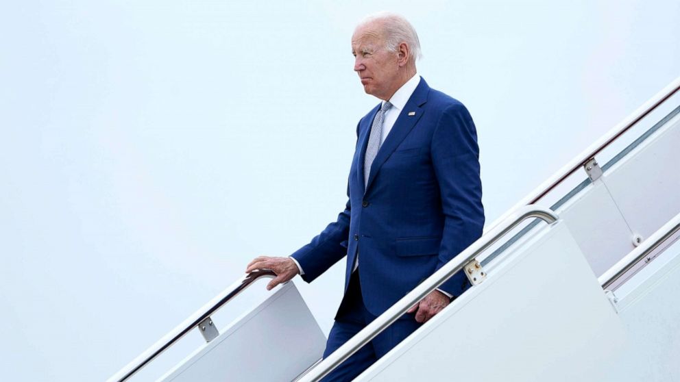 PHOTO: President Joe Biden walks down the steps of Air Force One at Andrews Air Force Base, Md., June 14, 2022. 