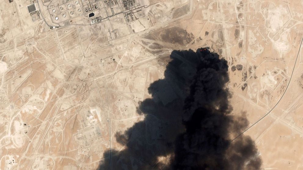 PHOTO: Thick black smoke risese from Saudi Aramco's Abqaiq oil processing facility in Buqyaq, Saudi Arabia, Sept. 14, 2019.