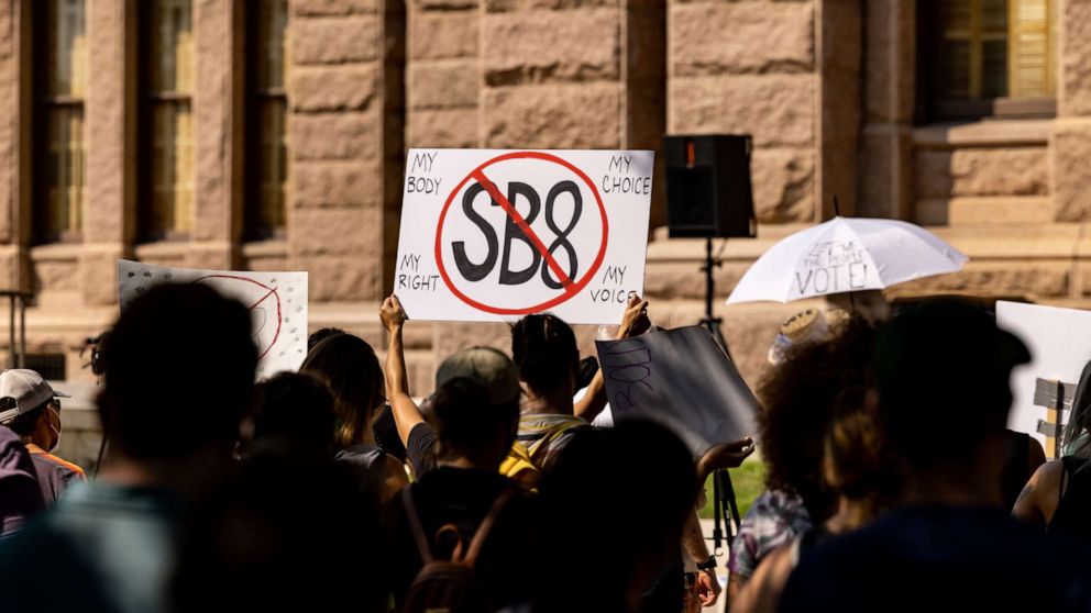PHOTO: Abortion rights activists rally at the Texas State Capitol on Sept. 11, 2021, in Austin, Texas.