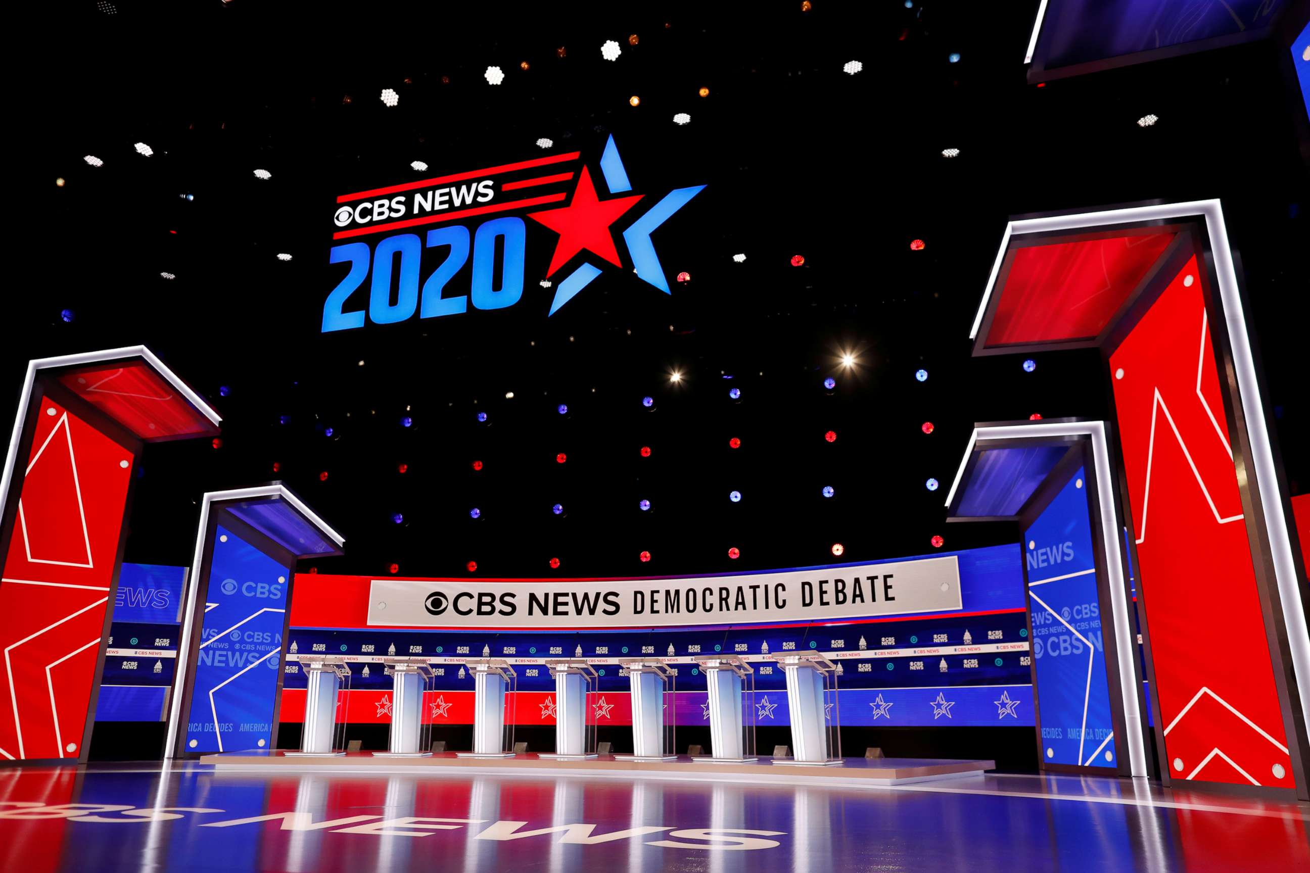 PHOTO: The stage is set for the tenth Democratic 2020 presidential debate at the Gaillard Center in Charleston, S.C., Feb. 25, 2020.    