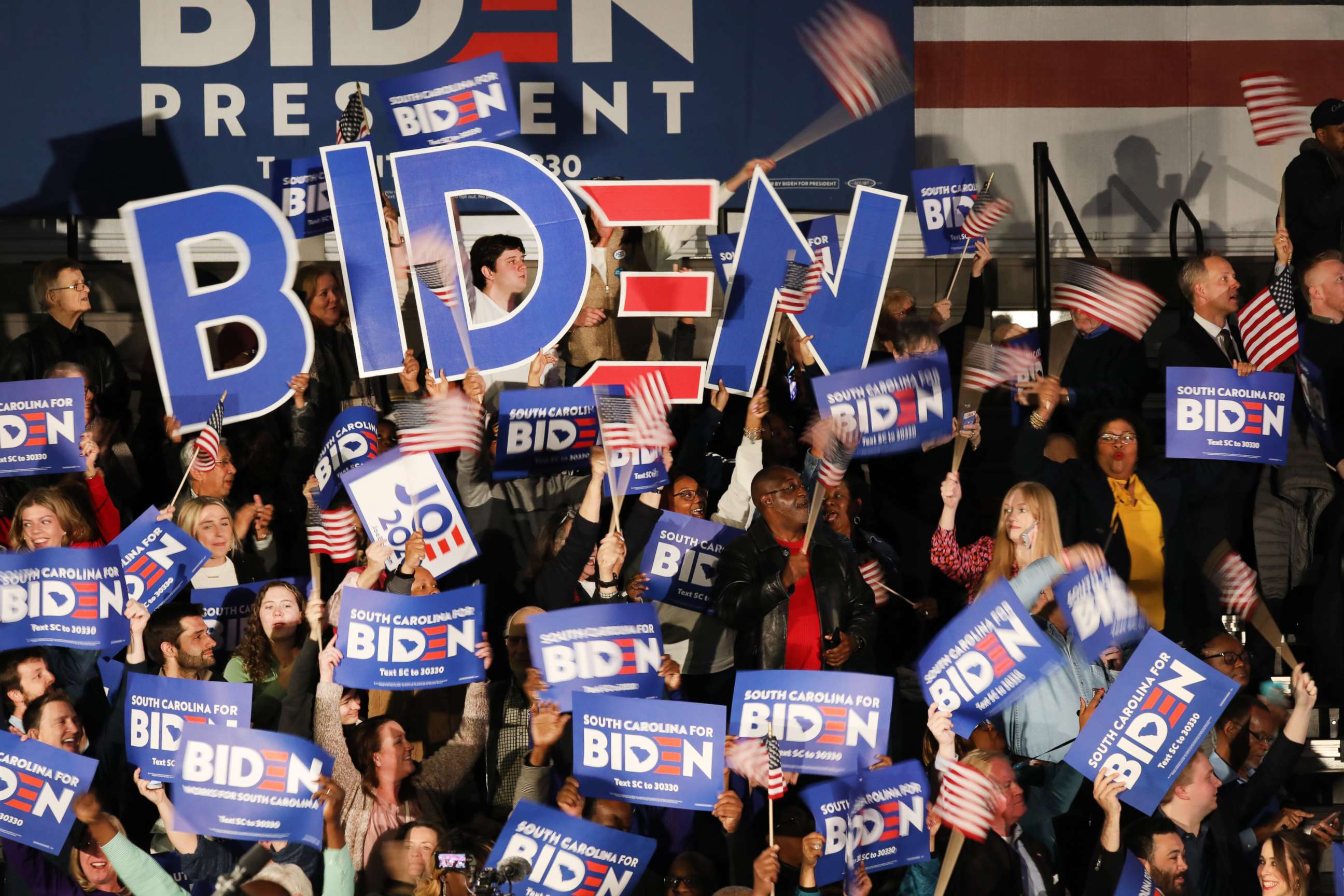 PHOTO: People cheer as Democratic presidential candidate Joe Biden is announced as the projected winner in the South Carolina presidential primary on Feb. 29, 2020 in Columbia, South Carolina.