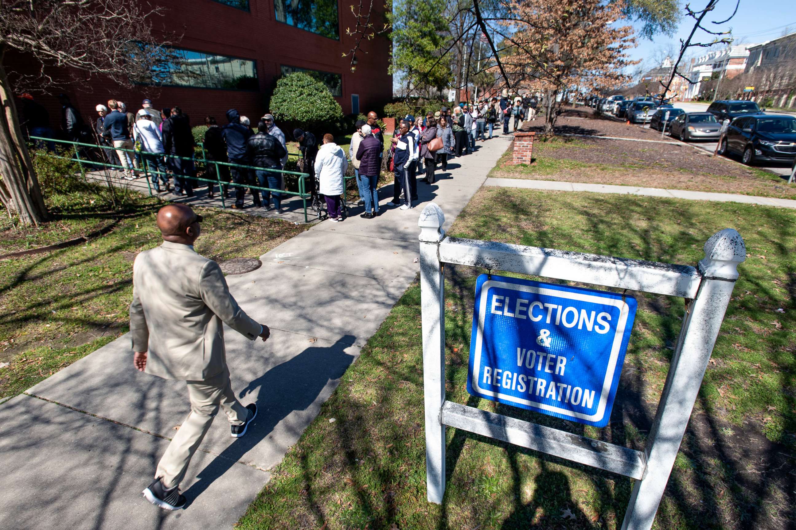 PHOTO: South Carolina voters stand in line for early voting at the Richland County Election Commission, Feb. 27, 2020 in Columbia, S.C.