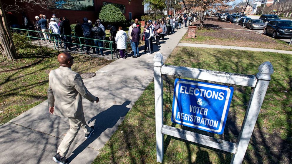 PHOTO: South Carolina voters stand in line for early voting at the Richland County Election Commission, Feb. 27, 2020 in Columbia, S.C.