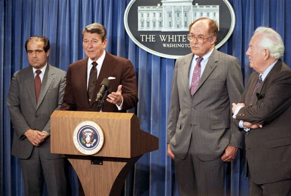 PHOTO: President Reagan announces the retirement of Chief Justice Warren Burger at a White House news briefing.