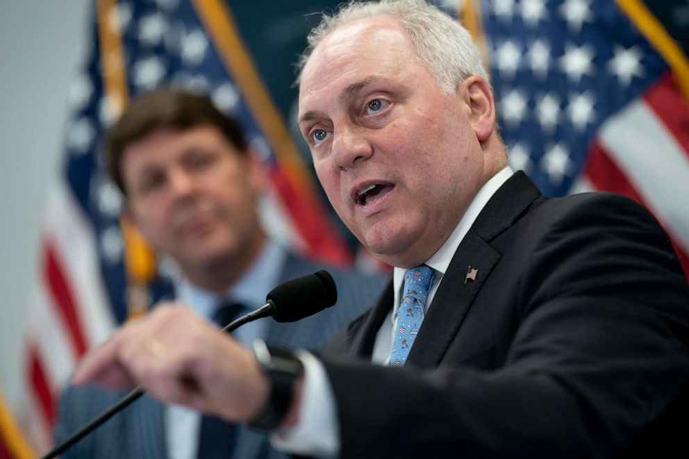 PHOTO: House Majority Leader Steve Scalise speaks to reporters at the Capitol in Washington, D.C., April 26, 2023.