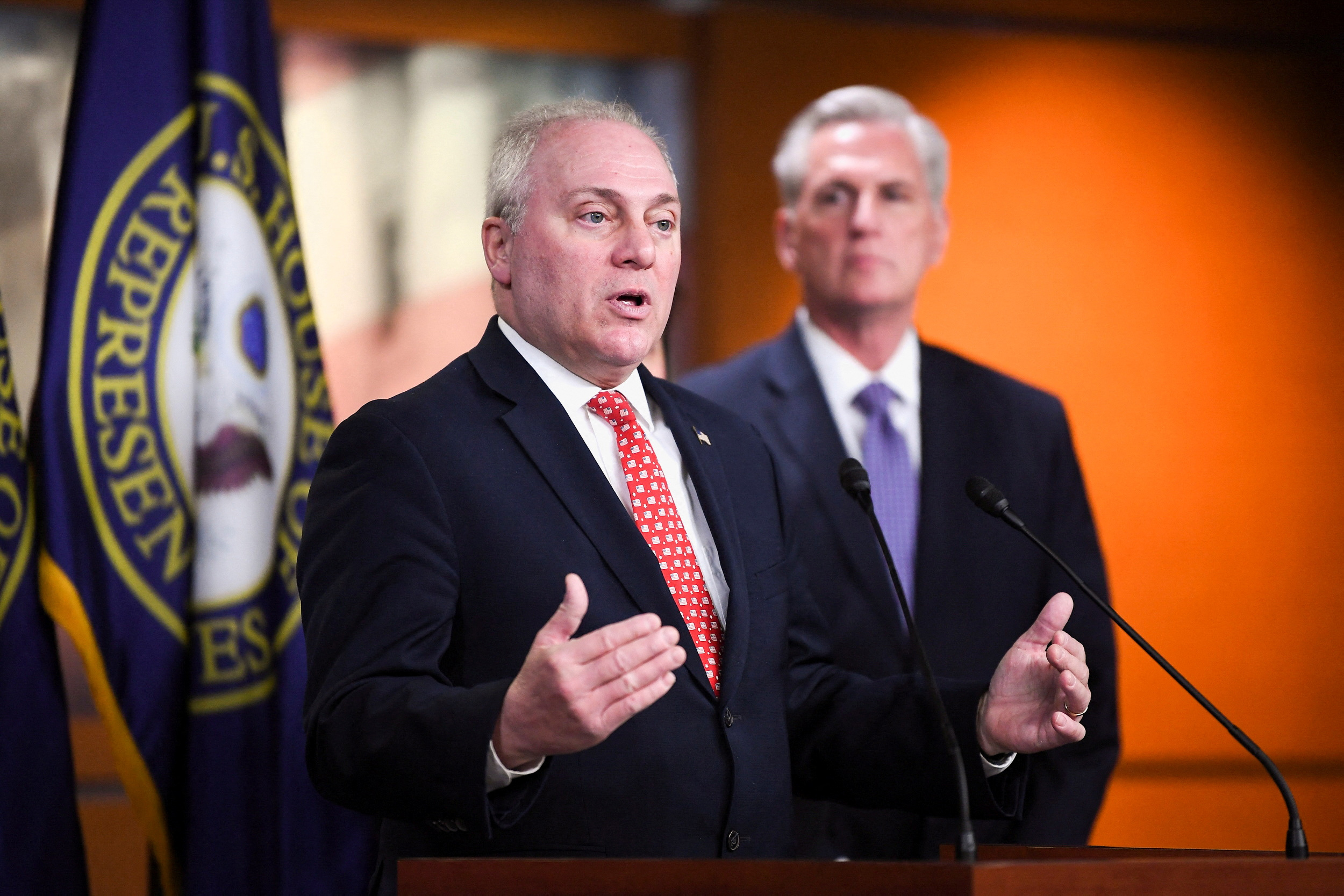 PHOTO: Rep. Steve Scalise speaks as House Minority Leader Rep. Kevin McCarthy attends a press conference at the U.S. Capitol in Washington, Dec. 14, 2022.