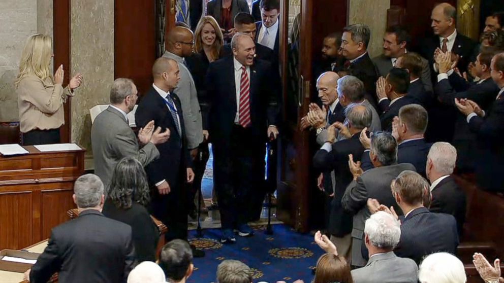 PHOTO: House Majority Whip Steve Scalise is greeted with a standing ovation as he return to work for the first time, Sept. 28, 2017, after being shot during a congressional baseball game practice.