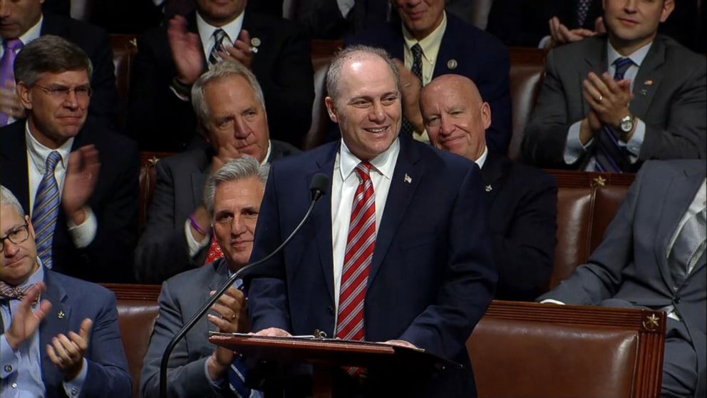 PHOTO: House Majority Whip Steve Scalise addressed members of Congress and thanked Capitol police upon his return to work, Sept. 28, 2017, after being shot during a congressional baseball game practice.
