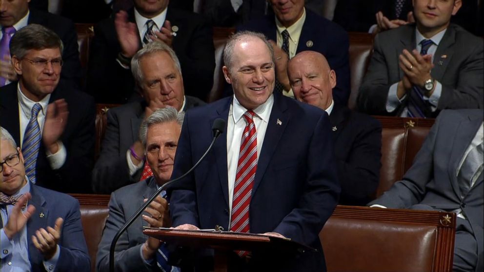 House Majority Whip Steve Scalise addressed members of Congress and thanked Capitol police upon his return to work, Sept. 28, 2017, after being shot during a congressional baseball game practice.