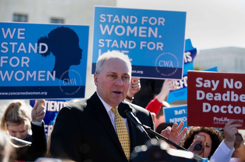 PHOTO: Rep. Steve Scalise speaks during anti-abortion rally outside of the U.S. Supreme Court in Washington, D.C., March 4, 2020.