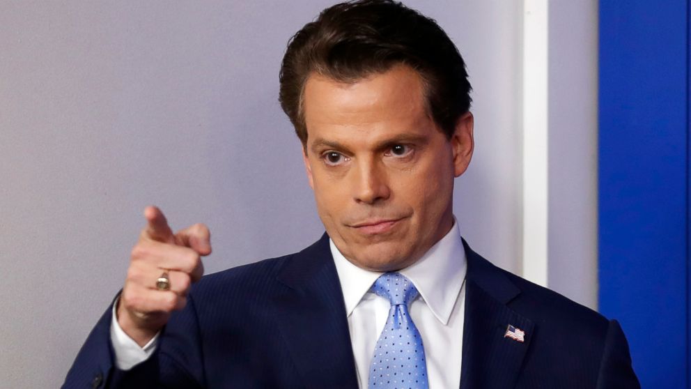 Anthony Scaramucci, incoming White House communications director, points as he arrives during a press briefing at the White House, July 21, 2017, in Washington.