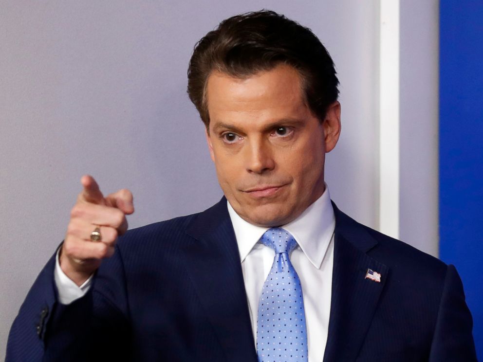 PHOTO: Anthony Scaramucci, incoming White House communications director, points as he arrives during a press briefing at the White House, July 21, 2017, in Washington.