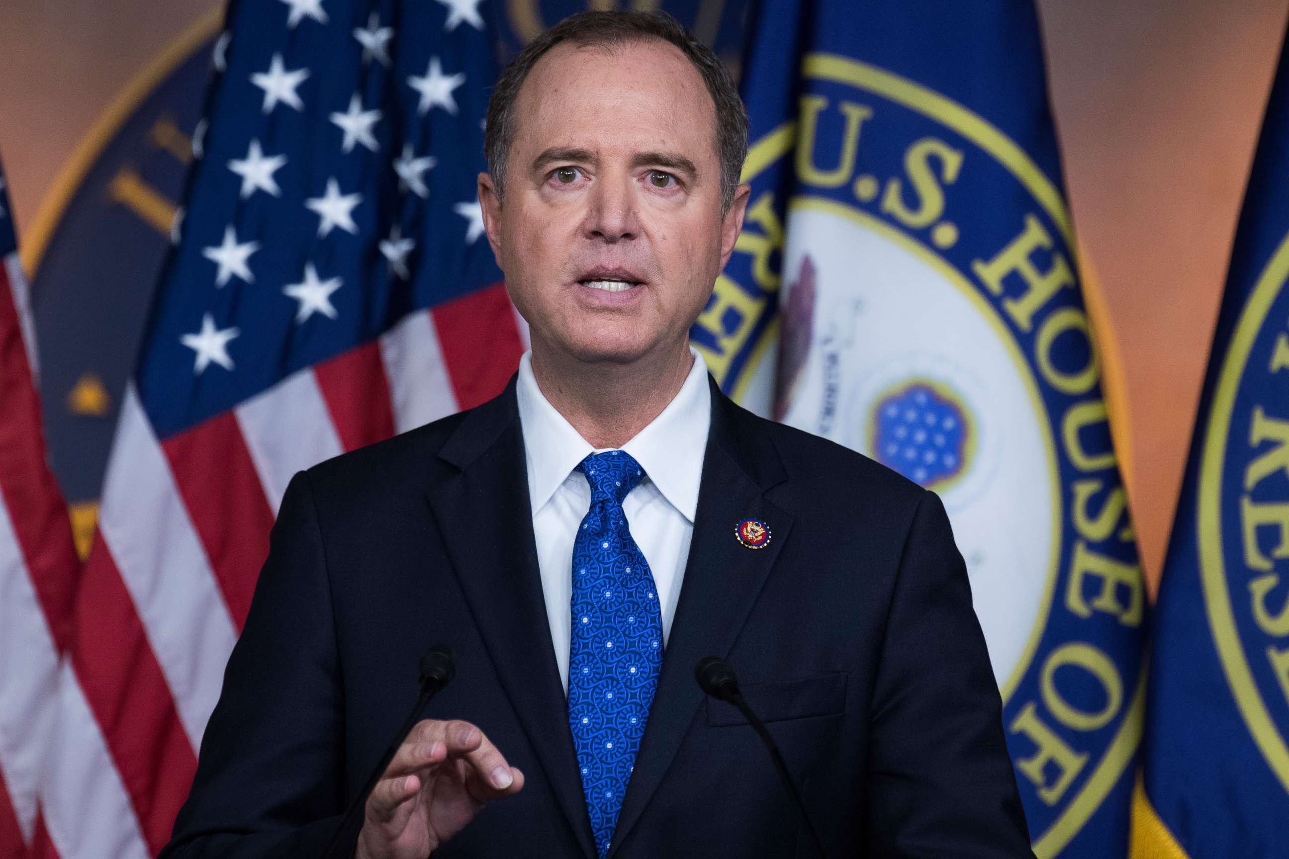 PHOTO:  House Intelligence Committee Chairman Adam Schiff, D-Calif., conducts news conference in the Capitol Visitor Center on the transcript of a phone call between President Trump and Ukrainian President Volodymyr Zelenskiy.