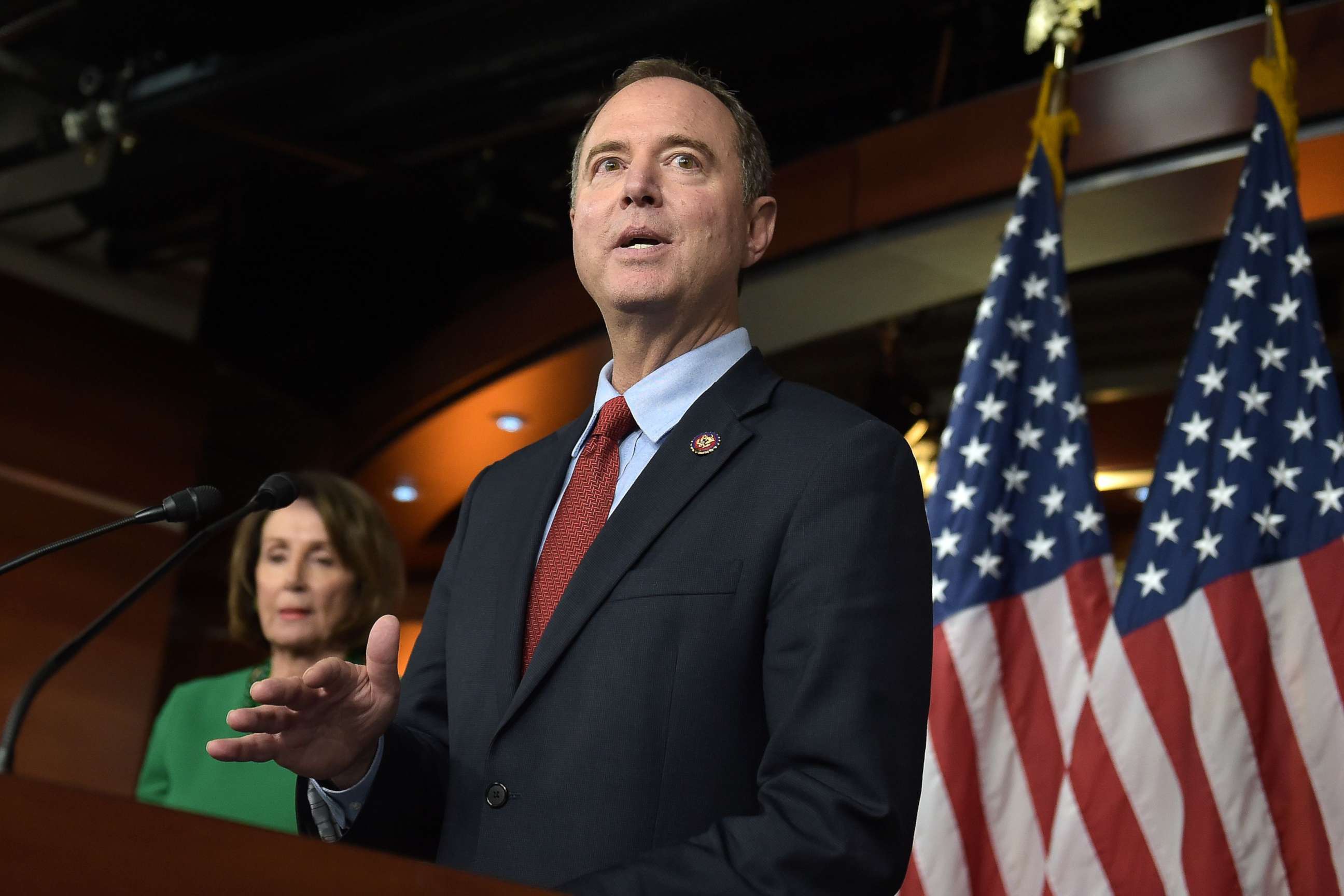 PHOTO: Chairman of the US House Permanent Select Committee on Intelligence, Adam Schiff (R), and Speaker of the House Nancy Pelosi hold a press conference on Capitol Hill in Washington, DC, on October 15, 2019.