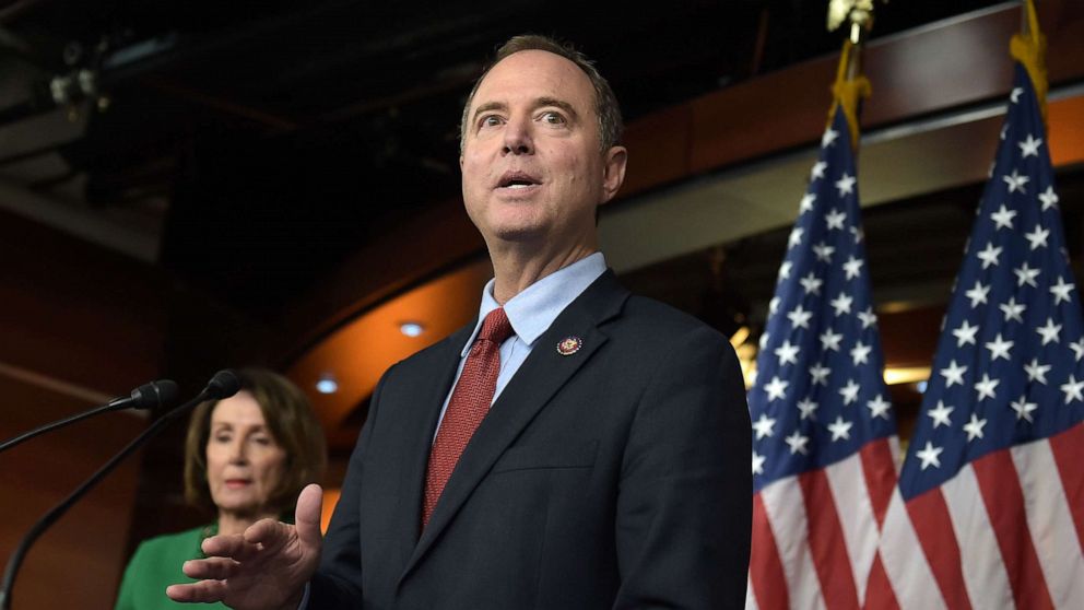 PHOTO: Chairman of the US House Permanent Select Committee on Intelligence, Adam Schiff (R), and Speaker of the House Nancy Pelosi hold a press conference on Capitol Hill in Washington, DC, on October 15, 2019.