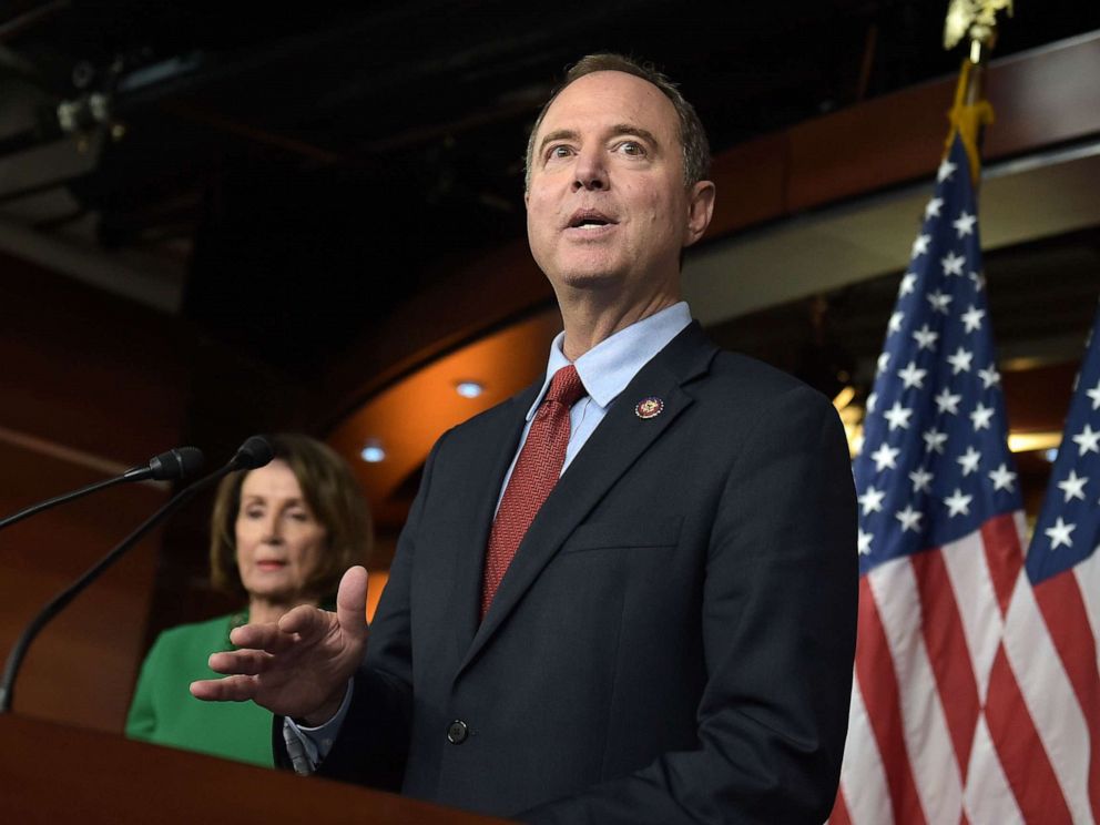 PHOTO: Chairman of the US House Permanent Select Committee on Intelligence, Adam Schiff (R), and Speaker of the House Nancy Pelosi hold a press conference on Capitol Hill in Washington, DC, on October 15, 2019.