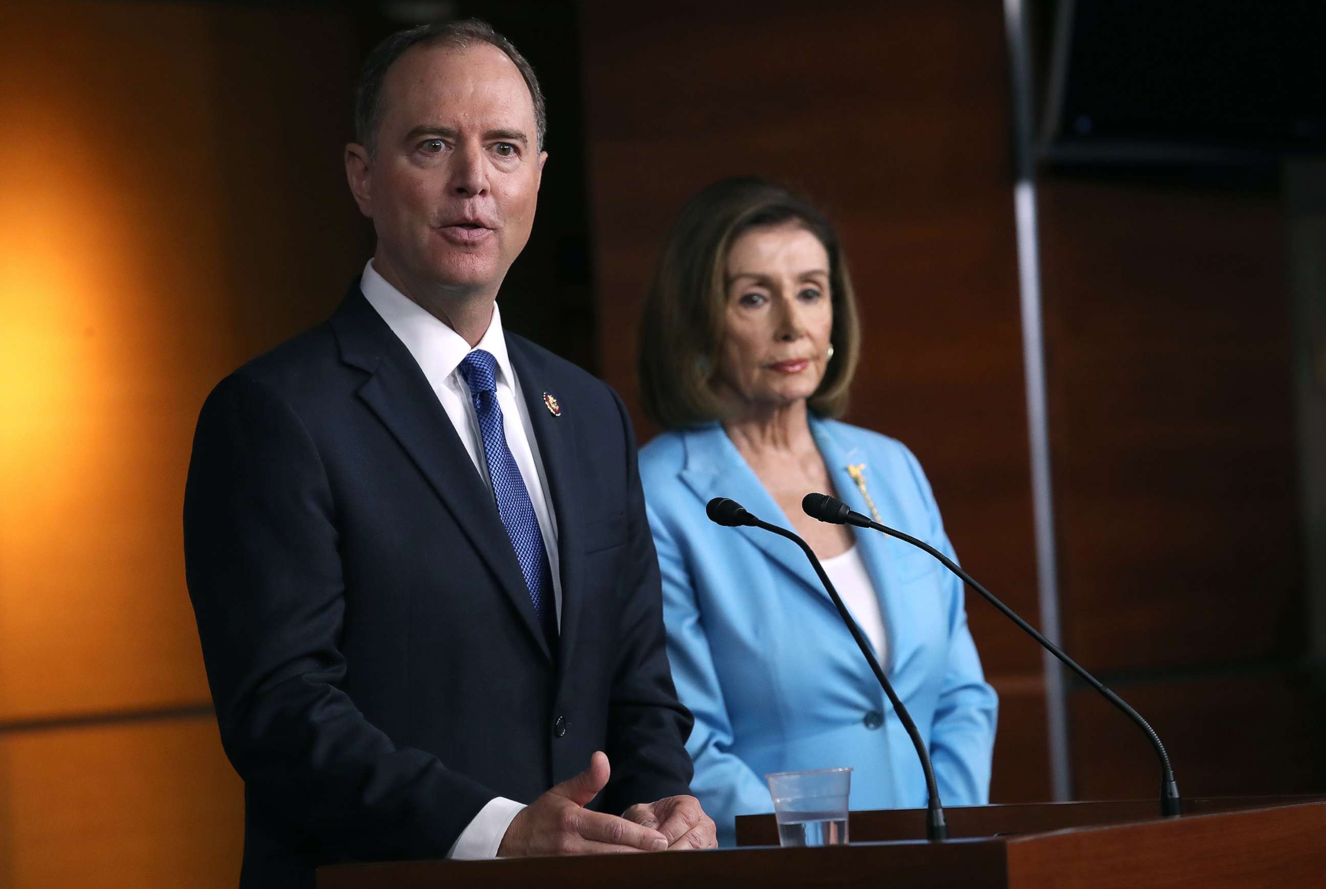 PHOTO: House Select Committee on Intelligence Chairman Rep. Adam Shiff (D-CA) and Speaker of the House Nancy Pelosi (D-CA) answer questions at the Capitol, Oct.2, 2019.