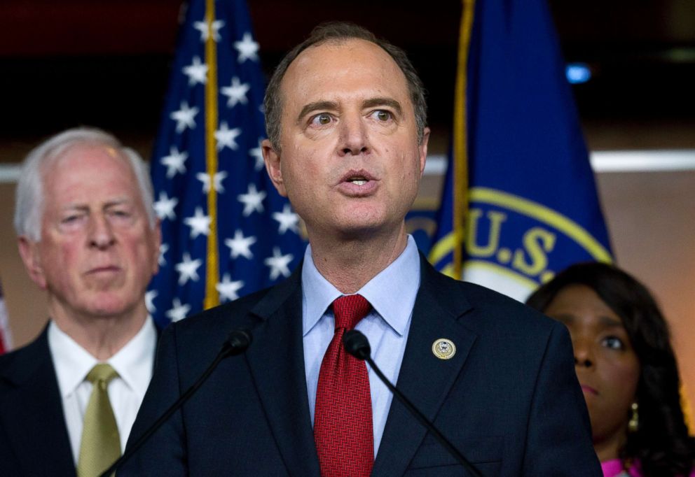 PHOTO: Rep. Adam Schiff, D-Calif., ranking member of the House Intelligence Committee speaks during a news conference about President Donald Trump's meeting with Russian President Vladimir Putin at Capitol Hill, July 17, 2018. 