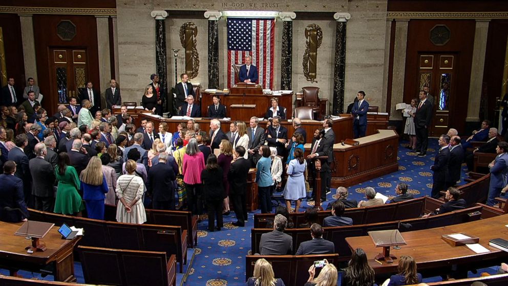 PHOTO: Rep. Adam Schiff stands in the well of the Senate floor surrounded by colleagues as he is censured after a vote, on June 21, 2023, in Washington, D.C.