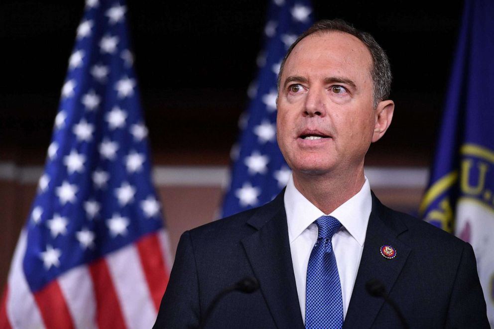 PHOTO: House Intelligence Committee Chair Adam Schiff, speak during a press conference with House Speaker Nancy Pelosi at the US Capitol in Washington, DC on October 2, 2019.