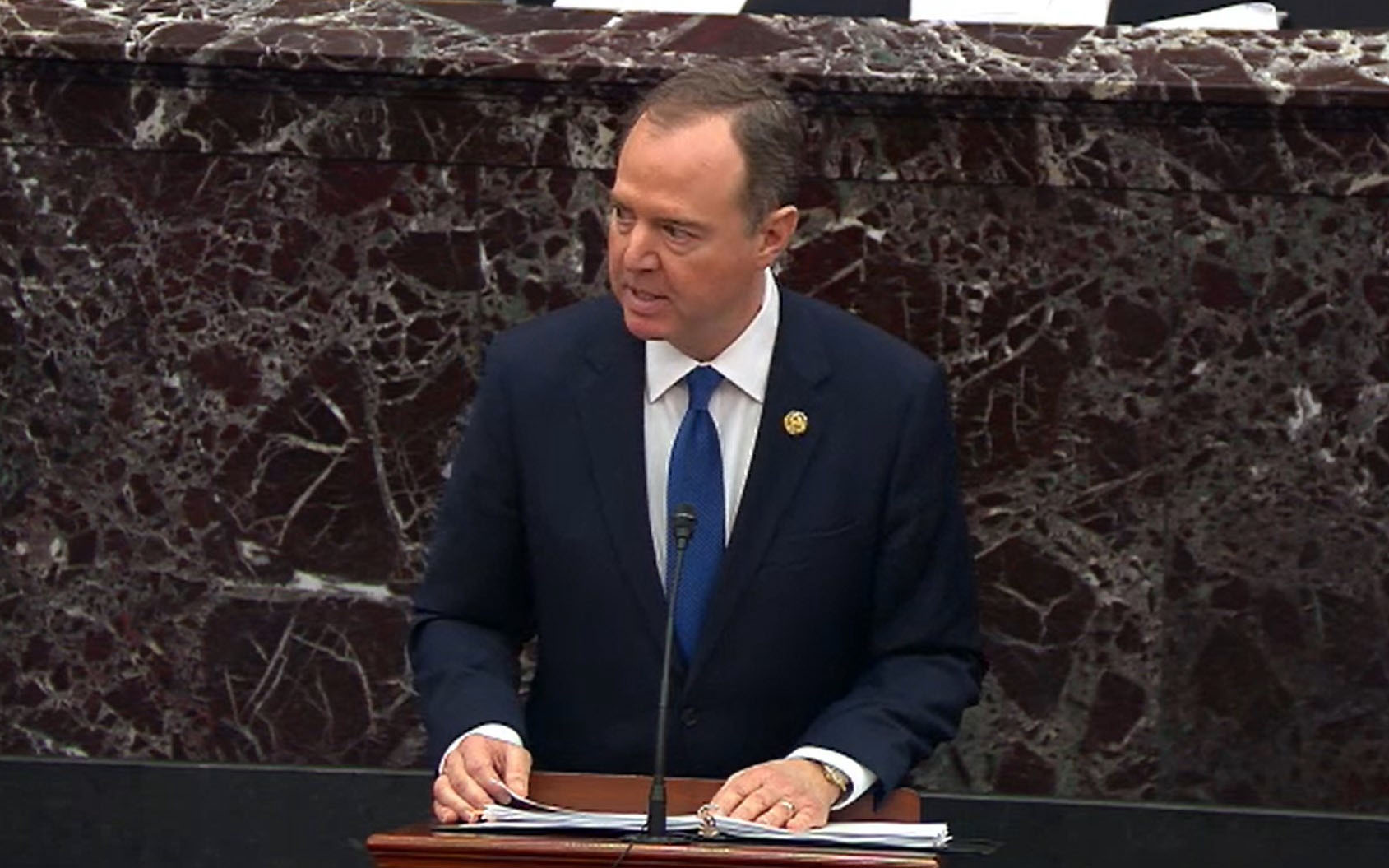 PHOTO: In this screengrab taken from a Senate Television webcast, House manager Rep. Adam Schiff speaks during impeachment proceedings against U.S. President Donald Trump in the Senate at the U.S. Capitol on Feb. 3, 2020, in Washington, DC.