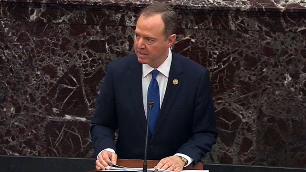 PHOTO: In this screengrab taken from a Senate Television webcast, House manager Rep. Adam Schiff speaks during impeachment proceedings against U.S. President Donald Trump in the Senate at the U.S. Capitol on Feb. 3, 2020, in Washington, DC.