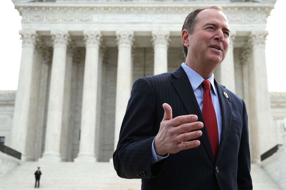 PHOTO: Rep. Adam Schiff speaks to a reporter after a news conference in front of the U.S. Supreme Court, April 2, 2019 in Washington, D.C.