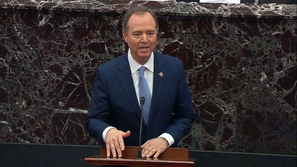 PHOTO: House impeachment manager Rep. Adam Schiff speaks during fourth day of impeachment proceedings against President Donald Trump in the Senate at the U.S. Capitol, Jan. 24, 2020, in Washington, D.C.