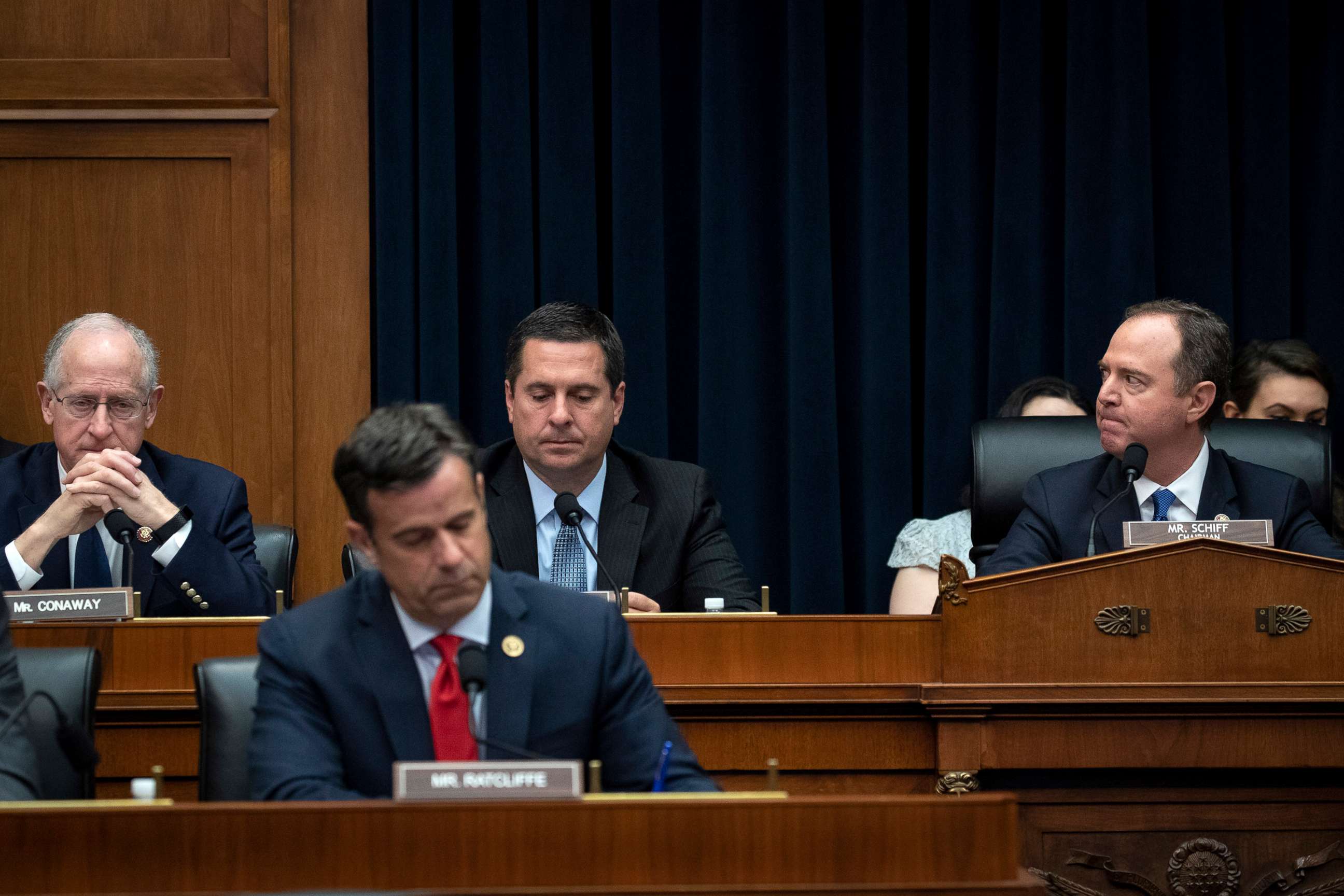 PHOTO: From left, Reps. Mike Conway, John Ratcliffe, House Select Committee on Intelligence ranking member Devin Nunes and committee Chairman Adam Schiff attend a hearing concerning in the Rayburn House Office Building, March 28, 2019 in Washington, D.C. 