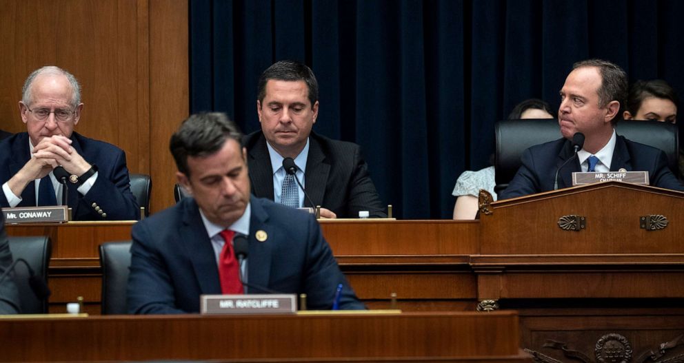 PHOTO: From left, Reps. Mike Conway, John Ratcliffe, House Select Committee on Intelligence ranking member Devin Nunes and committee Chairman Adam Schiff attend a hearing concerning in the Rayburn House Office Building, March 28, 2019 in Washington, D.C.