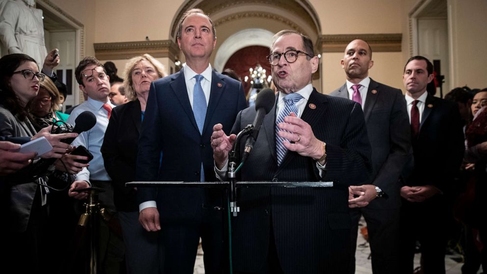 PHOTO: House impeachment managers Rep. Adam Schiff and Rep. Jerry Nadler speak to reporters during a brief media availability before the start of the impeachment trial at the U.S. Capitol, Jan. 21, 2020, in Washington.