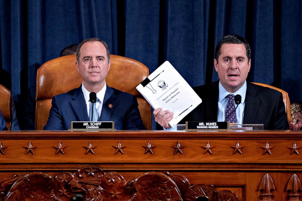 PHOTO: Rep. Devin Nunes, R-Calif., right, ranking member of the House Intelligence Committee, speaks during an impeachment inquiry into President Donald Trump on Capitoll Hill, in Washington, Nov. 21, 2019.