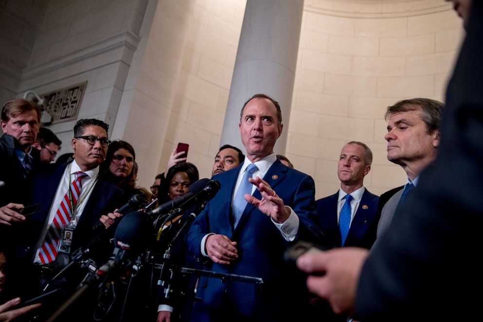 PHOTO: Rep. Adam Schiff, Chairman of the House Intelligence Committee, speaks to members of the media following testimony from former U.S. Ambassador to Ukraine Marie Yovanovitch on Capitol Hill in Washington, Nov. 15, 2019.