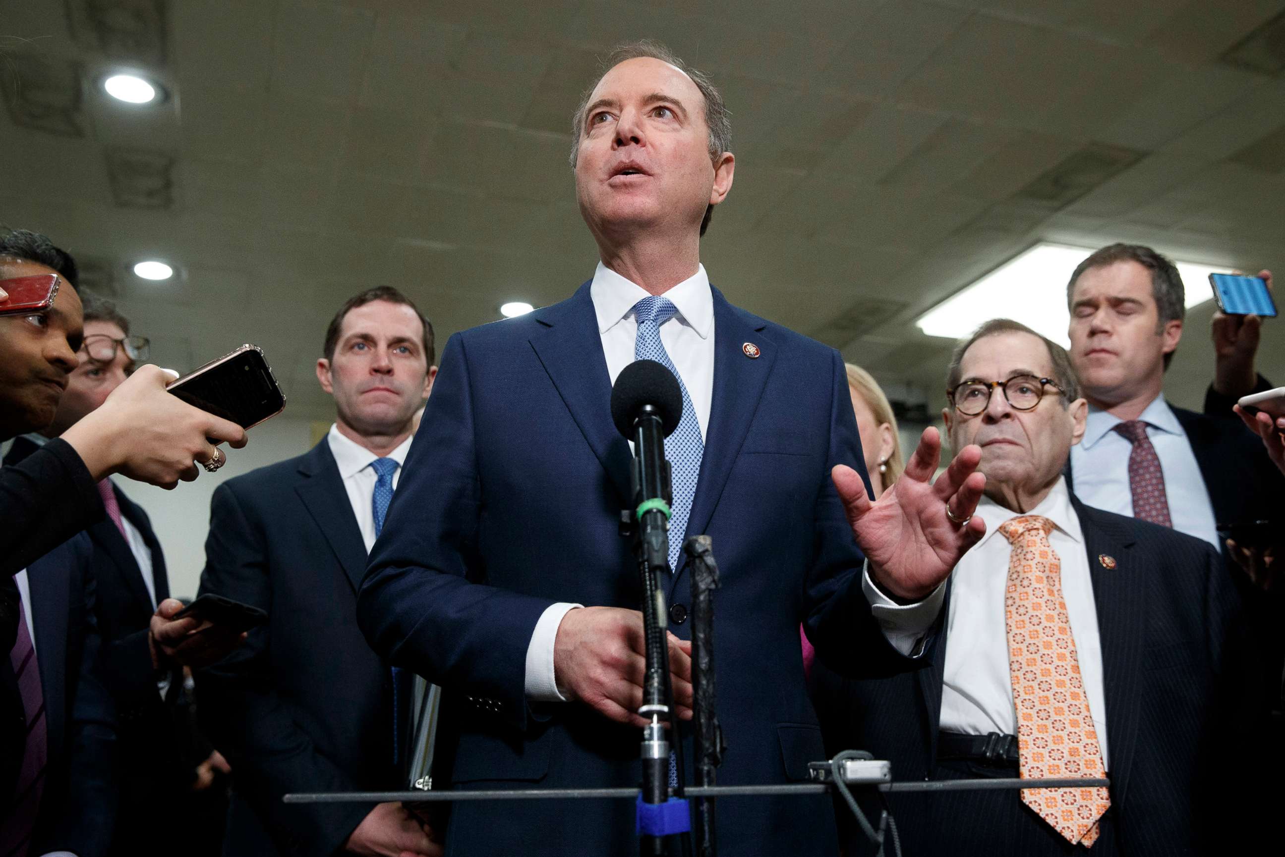 PHOTO: House Intelligence Committee Chairman Adam Schiff, speaks to the media along with  with Rep. Jason Crow, left, and Judiciary Committee Chairman Jerrold Nadler, right, on the fourth day of the impeachment trial, Jan. 24, 2020, on Capitol Hill.