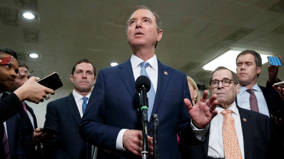PHOTO: House Intelligence Committee Chairman Adam Schiff, speaks to the media along with  with Rep. Jason Crow, left, and Judiciary Committee Chairman Jerrold Nadler, right, on the fourth day of the impeachment trial, Jan. 24, 2020, on Capitol Hill.