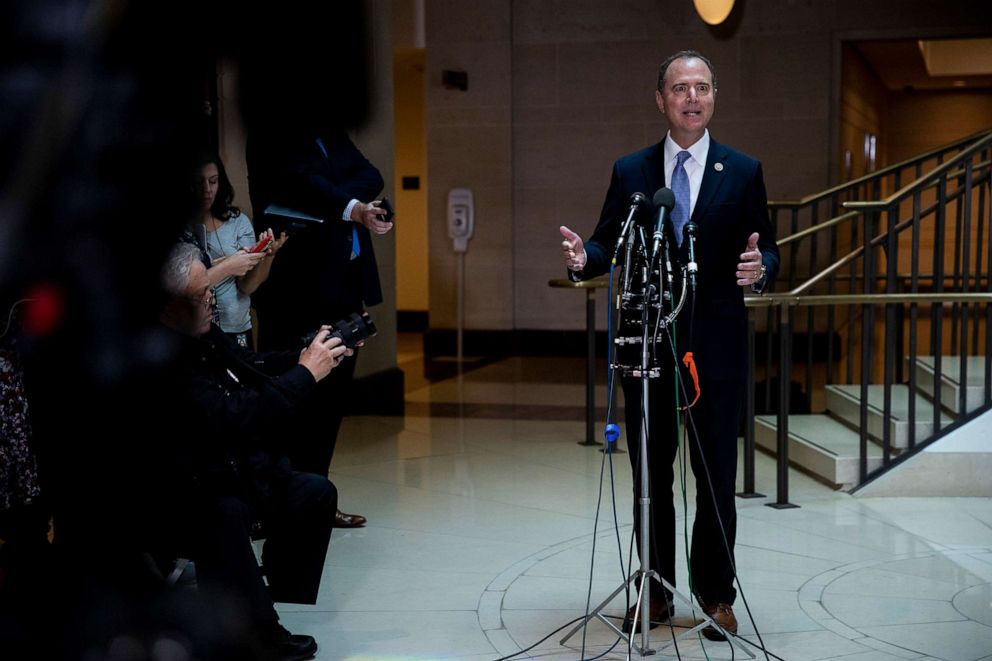 PHOTO: Rep. Adam Schiff (D-Calif.), chairman of the House Intelligence Committee, speaks to reporters after a closed-door briefing on a whistleblower complaint on Capitol Hill, Sept. 19, 2019. 