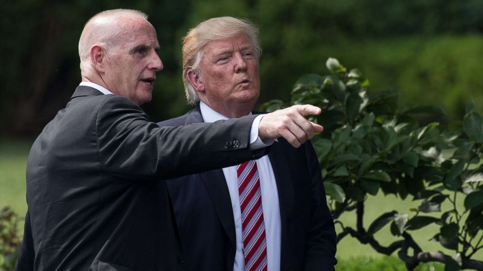 PHOTO: President Donald Trump listens to Director of Oval Office Operations Keith Schiller as he prepares to leave after welcoming the Clemson Tigers, the 2016 NCAA Football National Champions, at the White House in Washington, June 12, 2017. 