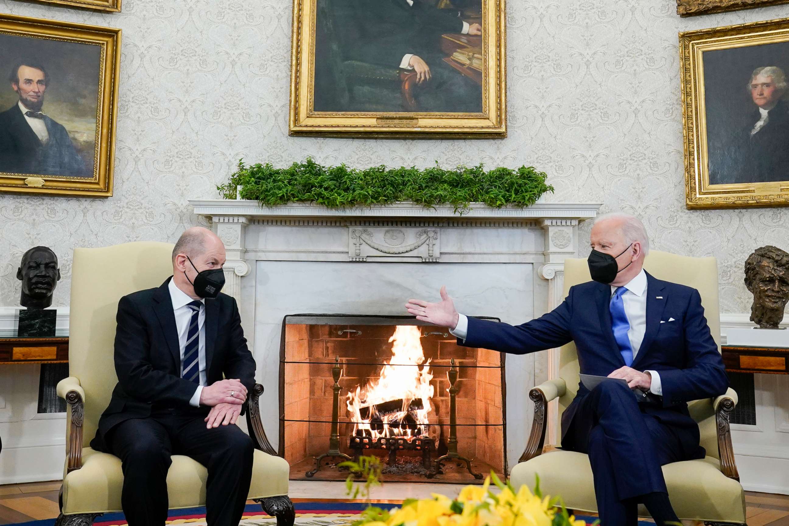 PHOTO: President Joe Biden gestures during a meeting with German Chancellor Olaf Scholz in the Oval Office of the White House, Feb. 7, 2022, in Washington.