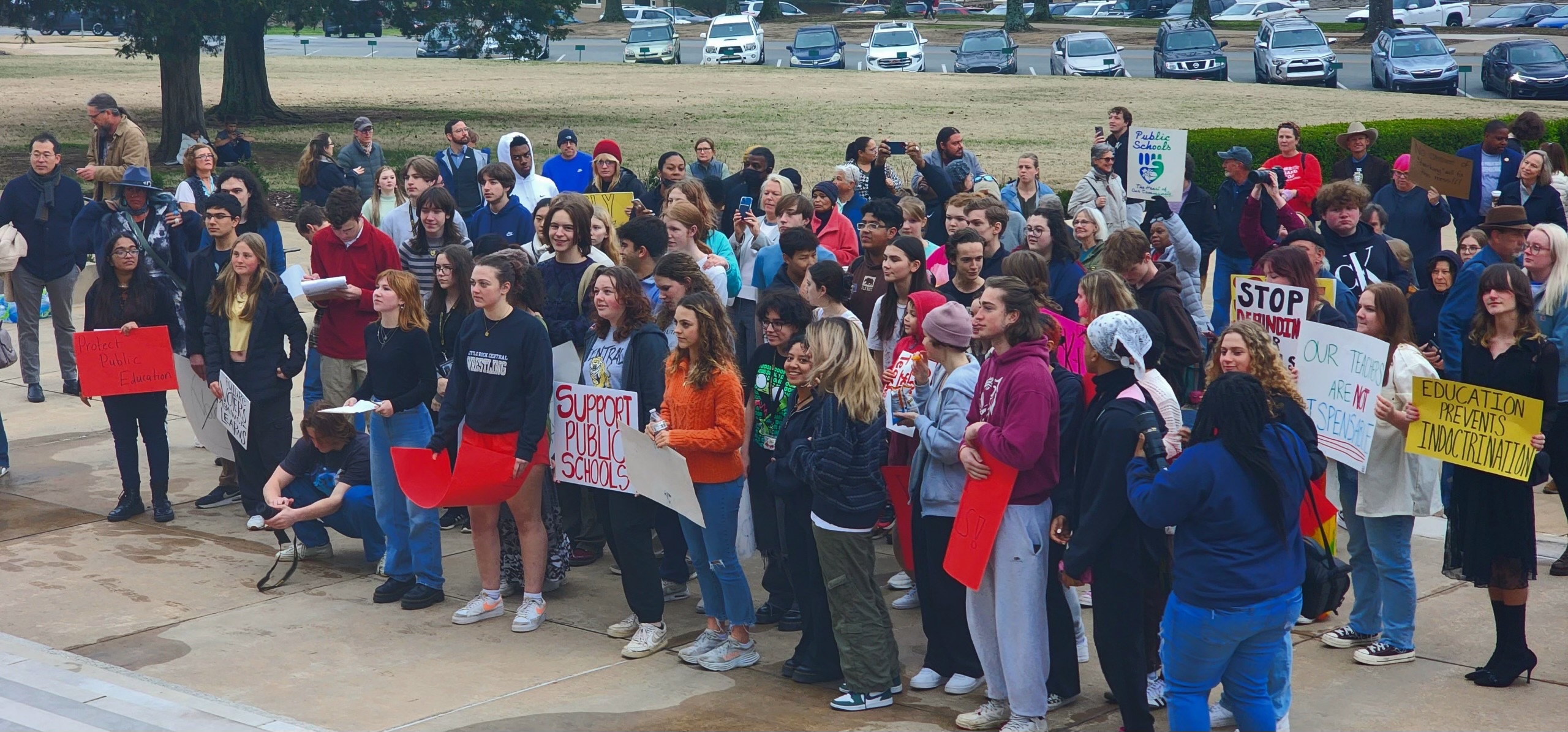 PHOTO: Students protest Gov. Sarah Huckabee Sanders signing the LEARNS Act at the Arkansas State Capitol in Little Rock on Wednesday, March 7.