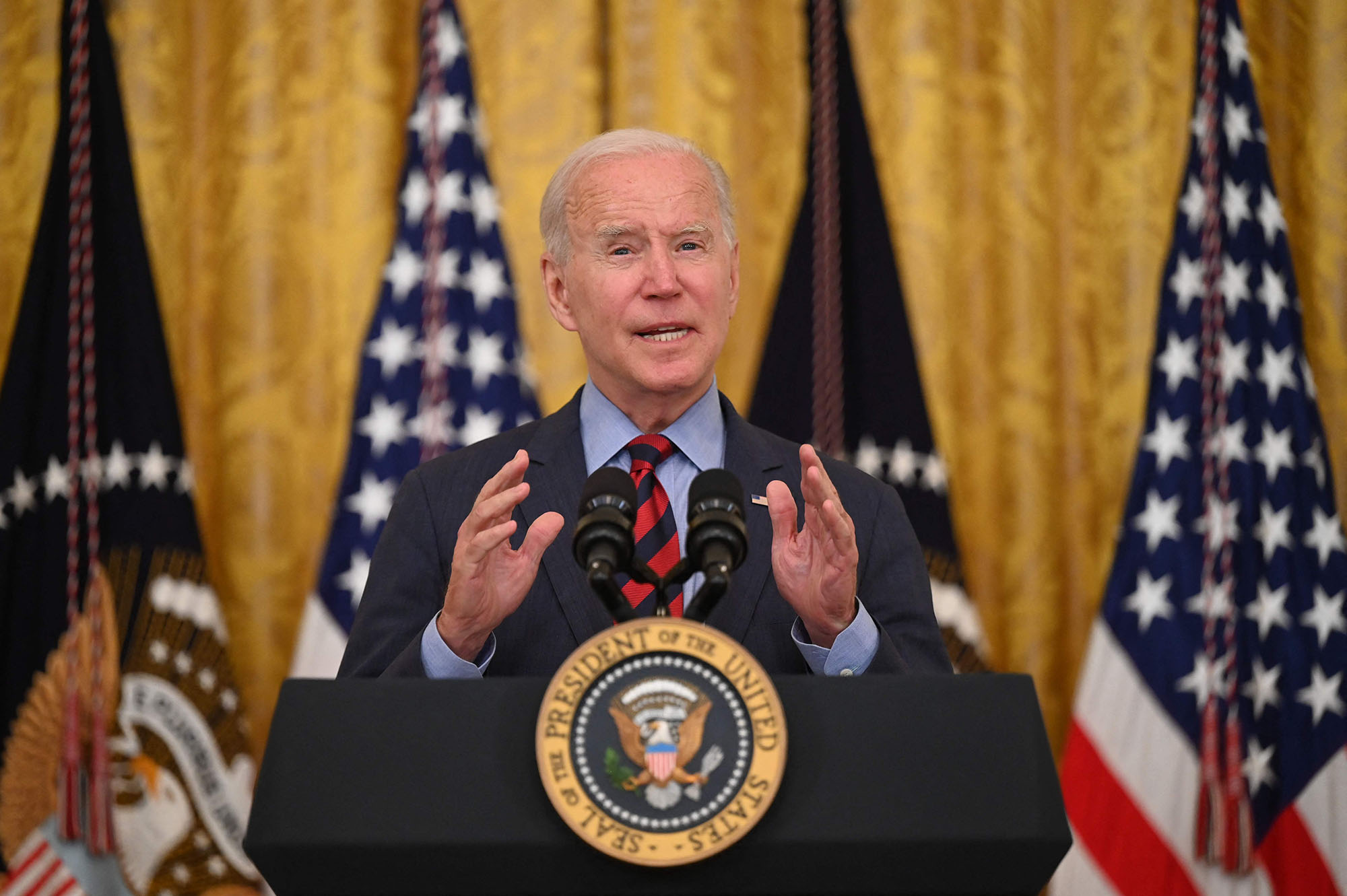PHOTO: President Joe Biden speaks about Covid vaccinations and his Administrations progress toward fighting this pandemic in the East Room of the White House in Washington, Aug. 3, 2021. 