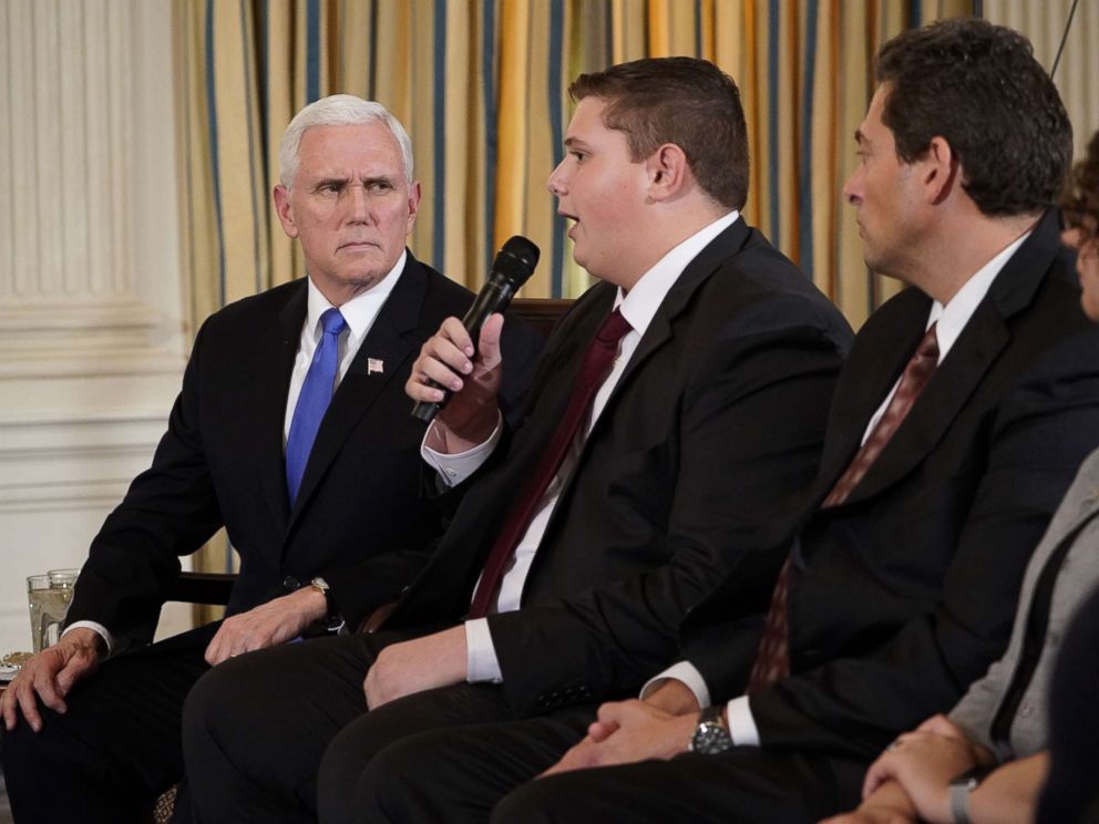 PHOTO: Vice President Mike Pence takes part in a listening session on gun violence with teachers and students in the State Dining Room of the White House on Feb. 21, 2018.