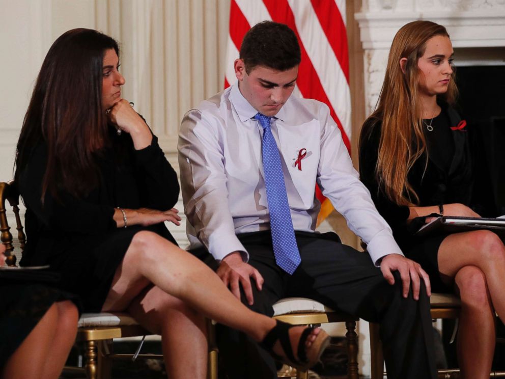 PHOTO: Parent Melissa Blank sits with survivors of the Marjory Stoneman Douglas High School shooting, Jonathan Blank and Julia Cordover, as they listen to other survivors and the families of victims at the White House in Washington, Feb. 21, 2018.