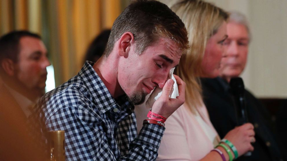 PHOTO: Marjory Stoneman Douglas High School student Samuel Zeif wipes his tears at a listening session with President Trump and high school shooting survivors and students at the White House in Washington, Feb. 21, 2018.