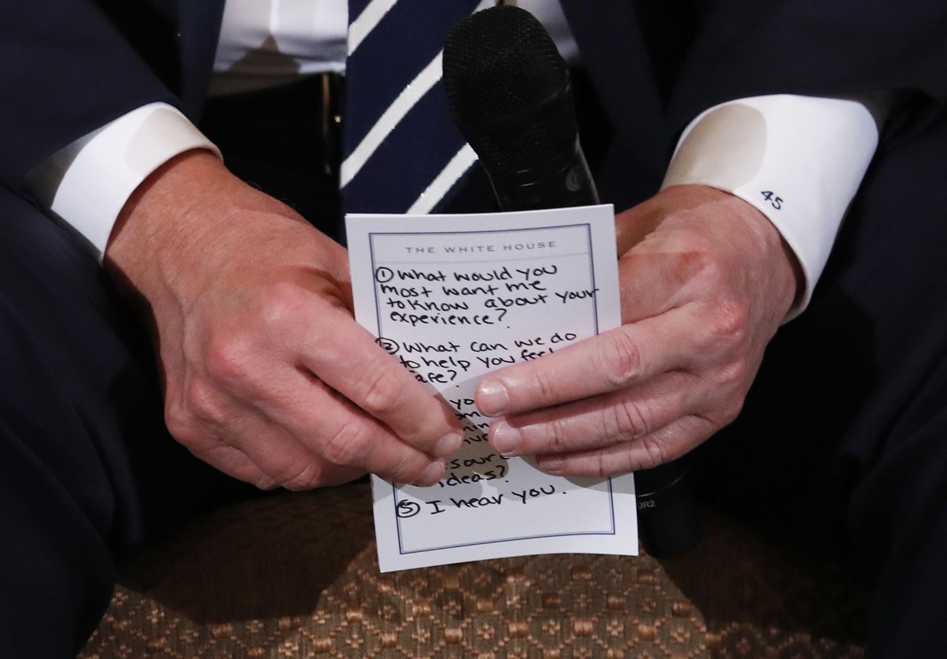 PHOTO: President Donald Trump holds his prepared questions as he hosts a listening session with high school students and teachers to discuss school safety at the White House in Washington, Feb. 21, 2018.