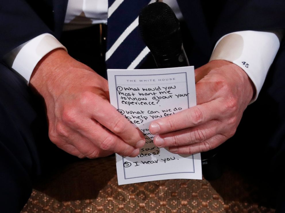 PHOTO: President Donald Trump holds his prepared questions as he hosts a listening session with high school students and teachers to discuss school safety at the White House in Washington, Feb. 21, 2018.